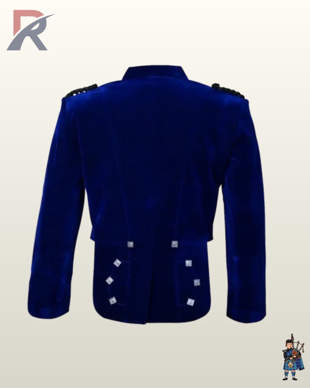 Back view of a men's royal blue velvet Prince Charlie kilt jacket with black braided shoulder cords and silver hardware on scalloped tails.