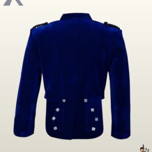 Back view of a men's royal blue velvet Prince Charlie kilt jacket with black braided shoulder cords and silver hardware on scalloped tails.