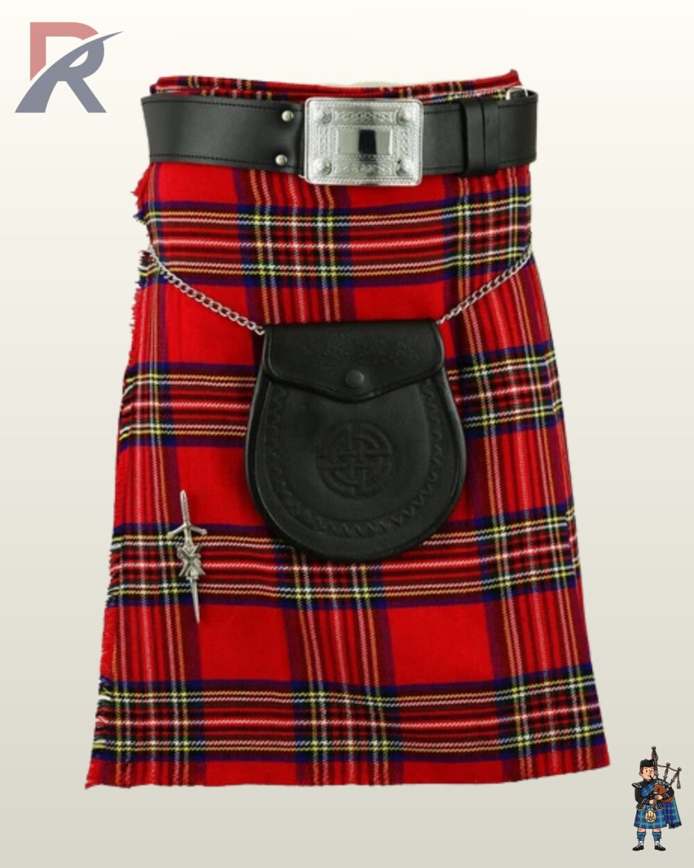 Traditional Scottish Royal Stewart red plaid kilt accessorized with a black leather sporran pouch and silver sword pin.