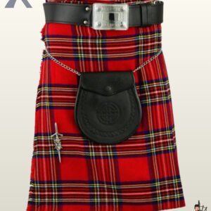 Traditional Scottish Royal Stewart red plaid kilt accessorized with a black leather sporran pouch and silver sword pin.
