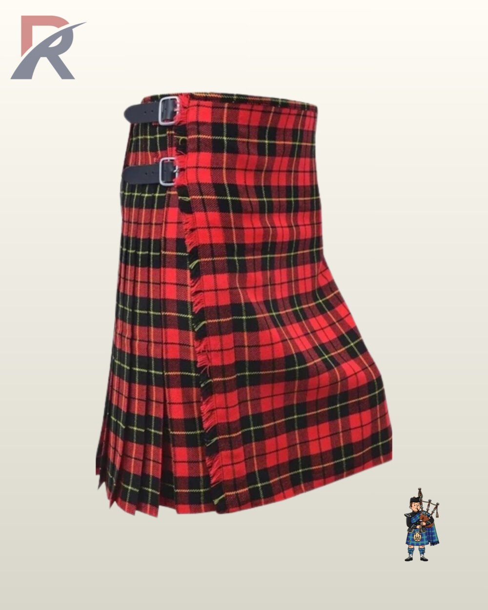 Classic red Royal Stewart tartan kilt for men showing crisp pleated sides and double strap closures.