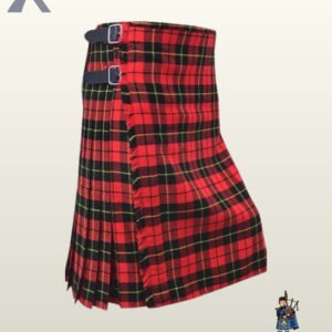 Classic red Royal Stewart tartan kilt for men showing crisp pleated sides and double strap closures.