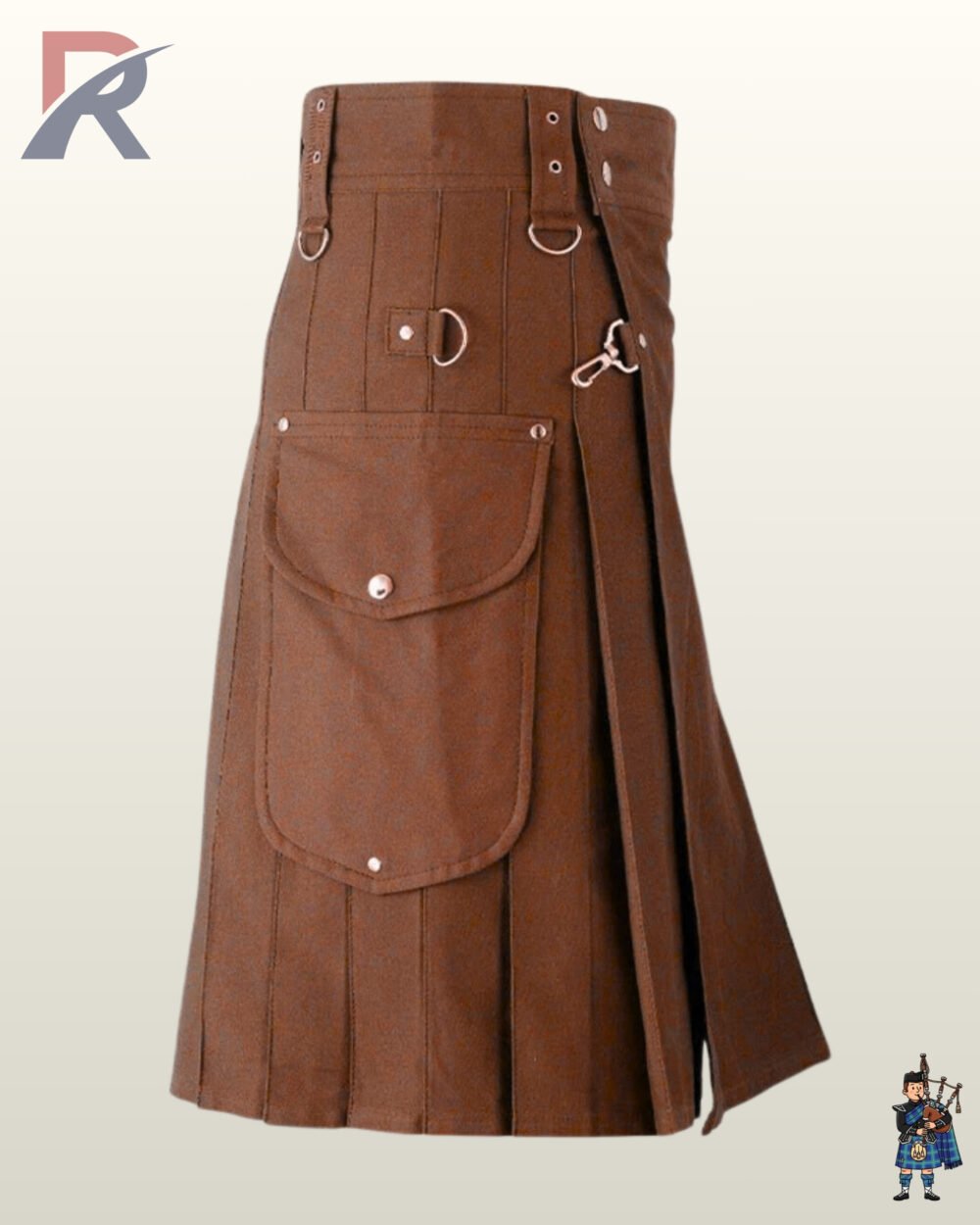 Heavy-duty brown canvas work kilt displaying front apron straps, silver D-ring hardware, and side pleats.