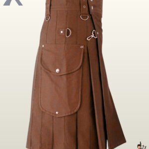 Heavy-duty brown canvas work kilt displaying front apron straps, silver D-ring hardware, and side pleats.