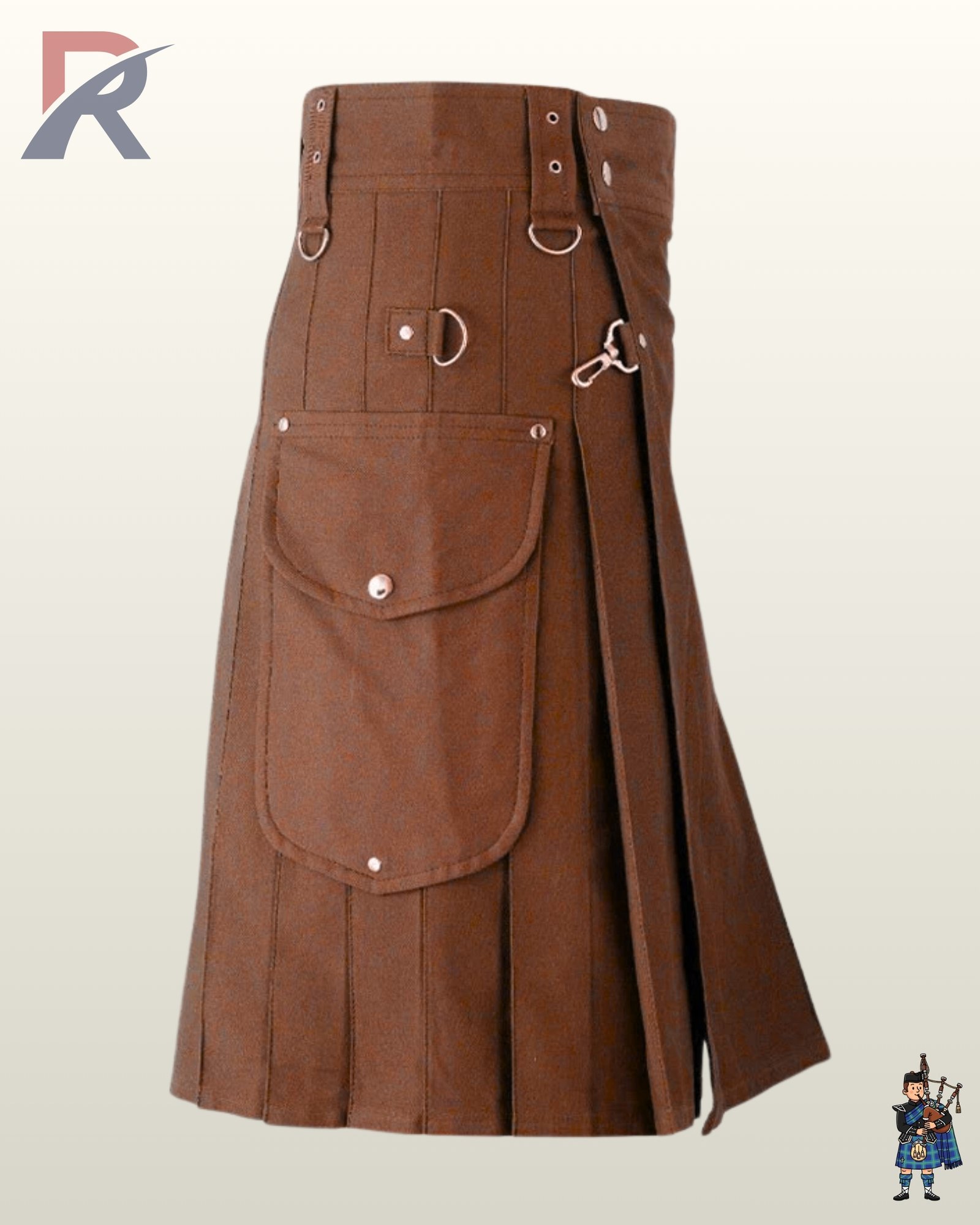 Heavy-duty brown canvas work kilt displaying front apron straps, silver D-ring hardware, and side pleats.