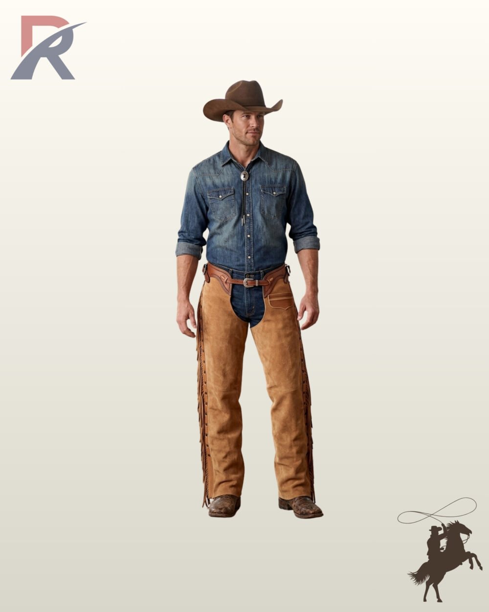 Full front view of a male model wearing saddle tan suede western riding chaps featuring an upper flap pocket and a basket weave tooled leather belt.