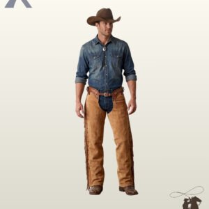 Full front view of a male model wearing saddle tan suede western riding chaps featuring an upper flap pocket and a basket weave tooled leather belt.