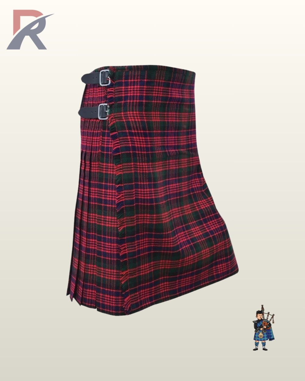 Side view of a men's Wallace red and dark green tartan kilt featuring black leather waist buckles.