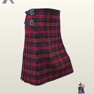 Side view of a men's Wallace red and dark green tartan kilt featuring black leather waist buckles.
