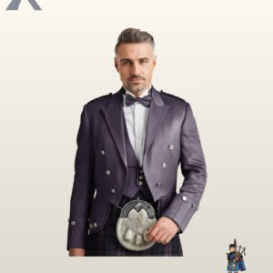 Men's formal purple wool highland dress jacket set detailing satin peak lapels, square silver buttons, and gauntlet cuffs.