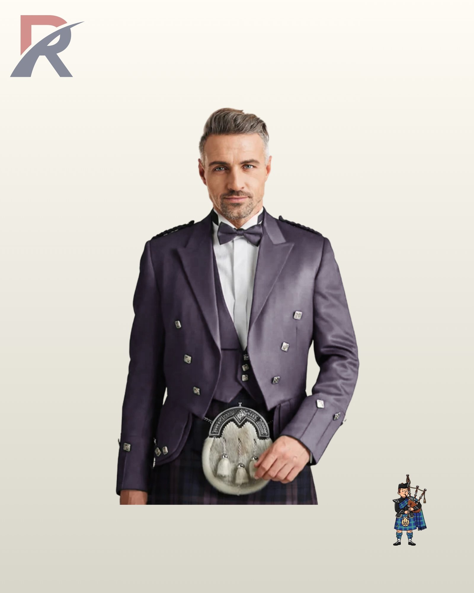 Men's formal purple wool highland dress jacket set detailing satin peak lapels, square silver buttons, and gauntlet cuffs.