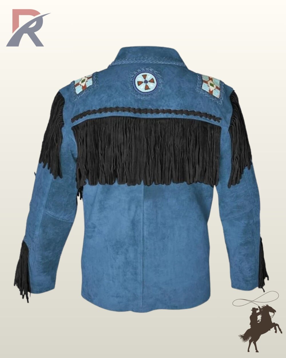 Back profile of a traditional Native American style steel blue suede jacket with black fringe, shoulder beadwork patches, and whipstitched collar edges.