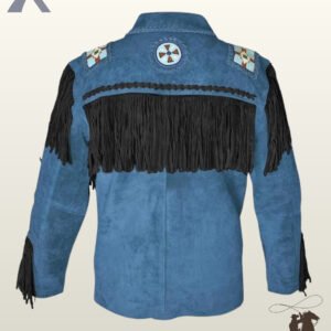 Back profile of a traditional Native American style steel blue suede jacket with black fringe, shoulder beadwork patches, and whipstitched collar edges.