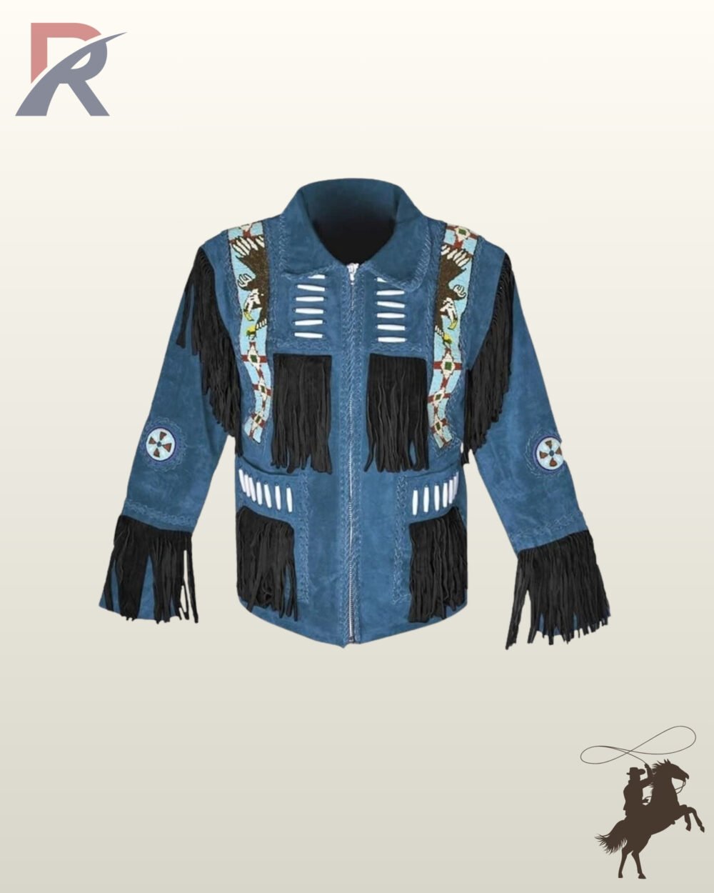 Traditional Native American style blue suede fringed coat with black sleeve tassels, whipstitched pockets, bone bead accents, and eagle beadwork.