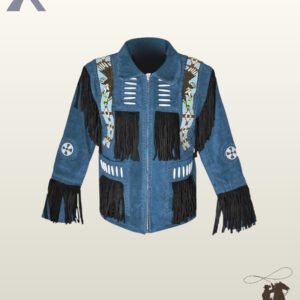 Traditional Native American style blue suede fringed coat with black sleeve tassels, whipstitched pockets, bone bead accents, and eagle beadwork.