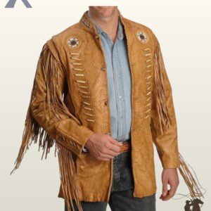 Front view of a model wearing a men's natural tan leather western fringe jacket featuring bone pipe bead chest detailing, sleeve tassels, and concho button closure.
