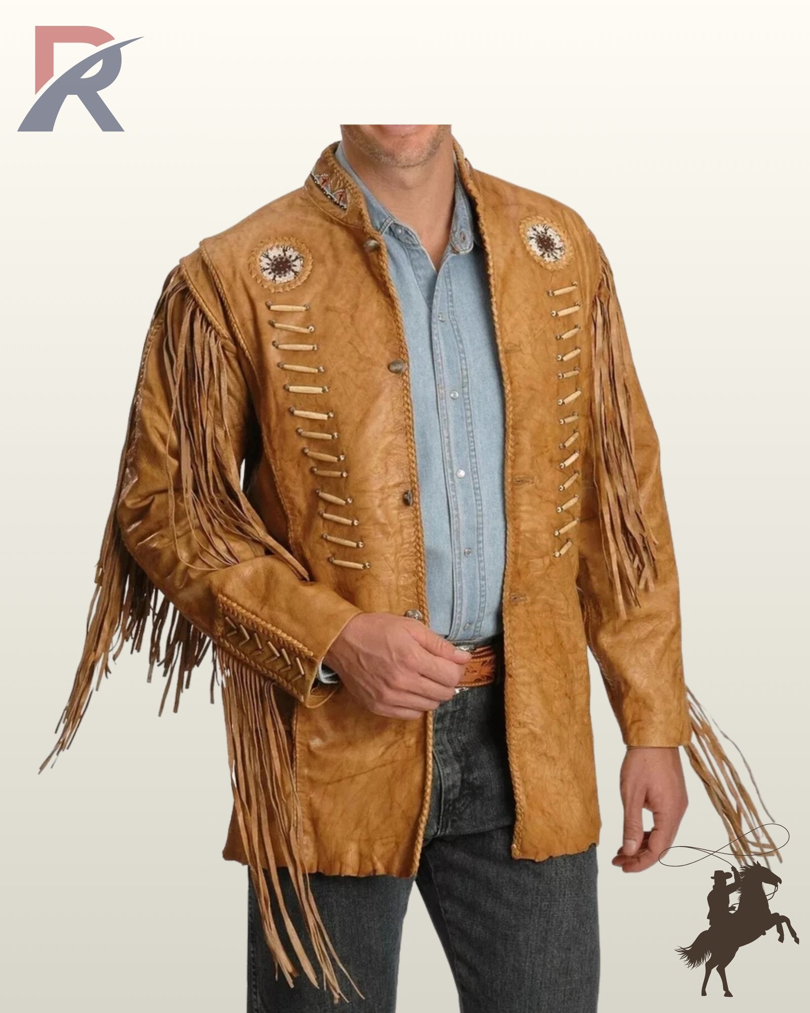 Front view of a model wearing a men's natural tan leather western fringe jacket featuring bone pipe bead chest detailing, sleeve tassels, and concho button closure.