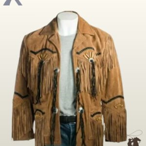 Front view of a mannequin wearing a men's tan suede western fringe jacket featuring bone pipe bead fan motifs, black braided leather trim, and silver conchos with long tassels.