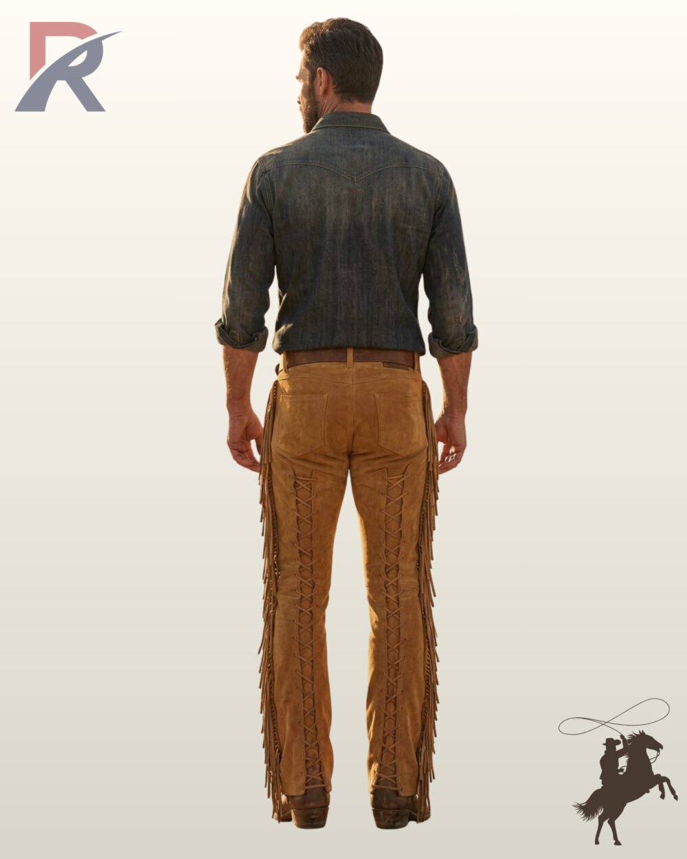 Full rear view of a male model wearing men's tan suede western pants featuring rear leg criss-cross lacing, outer side fringe, and back pockets.
