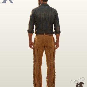 Full rear view of a male model wearing men's tan suede western pants featuring rear leg criss-cross lacing, outer side fringe, and back pockets.