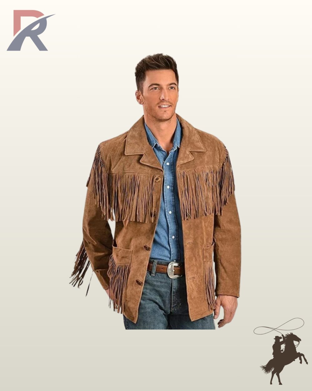 Classic men's tan suede cowboy coat styled with chest fringe trim, sleeve tassels, button front closure, and western belt buckle.