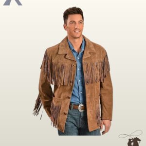 Classic men's tan suede cowboy coat styled with chest fringe trim, sleeve tassels, button front closure, and western belt buckle.