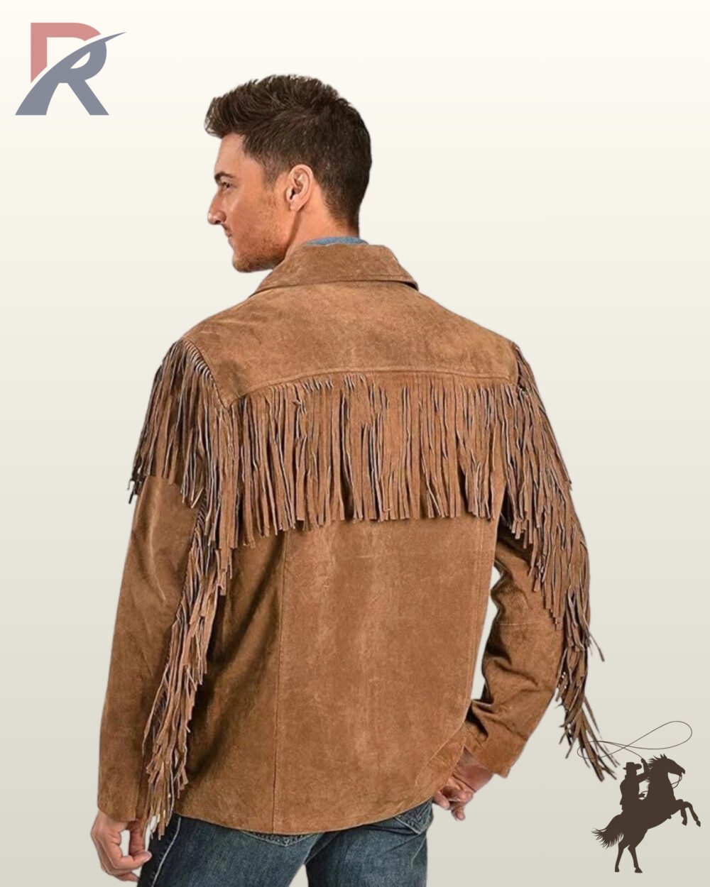 Rear view of a model wearing a men's tan suede western jacket featuring a straight fringed back yoke, long sleeve fringe, and blue jeans.