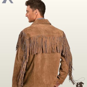 Rear view of a model wearing a men's tan suede western jacket featuring a straight fringed back yoke, long sleeve fringe, and blue jeans.