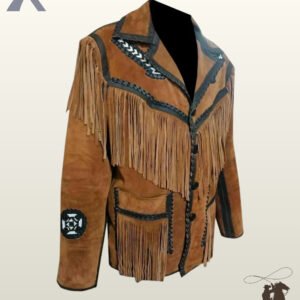 Side angle view of a men's tan suede western fringe coat highlighting dark whipstitched collar trim, chest fringe, and sleeve details.