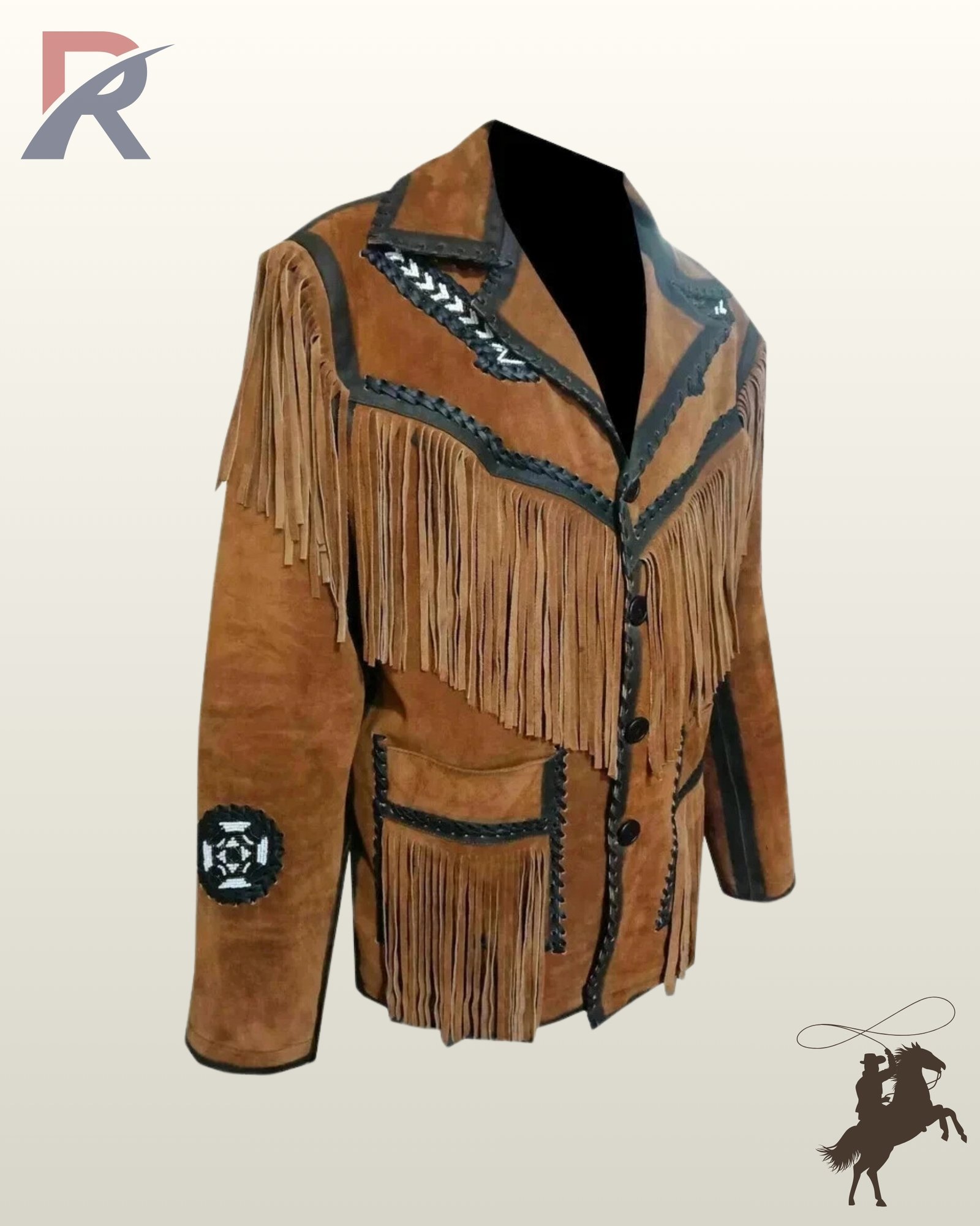 Side angle view of a men's tan suede western fringe coat highlighting dark whipstitched collar trim, chest fringe, and sleeve details.