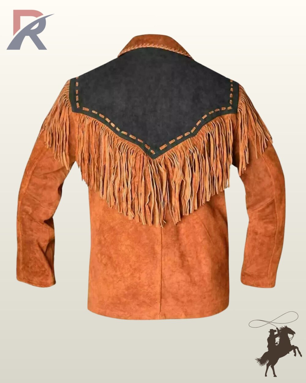 Back profile of a classic Native American style rust orange suede cowboy jacket showing black shoulder yoke contrast, long back fringe, and tailored seams.