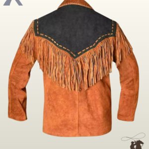 Back profile of a classic Native American style rust orange suede cowboy jacket showing black shoulder yoke contrast, long back fringe, and tailored seams.