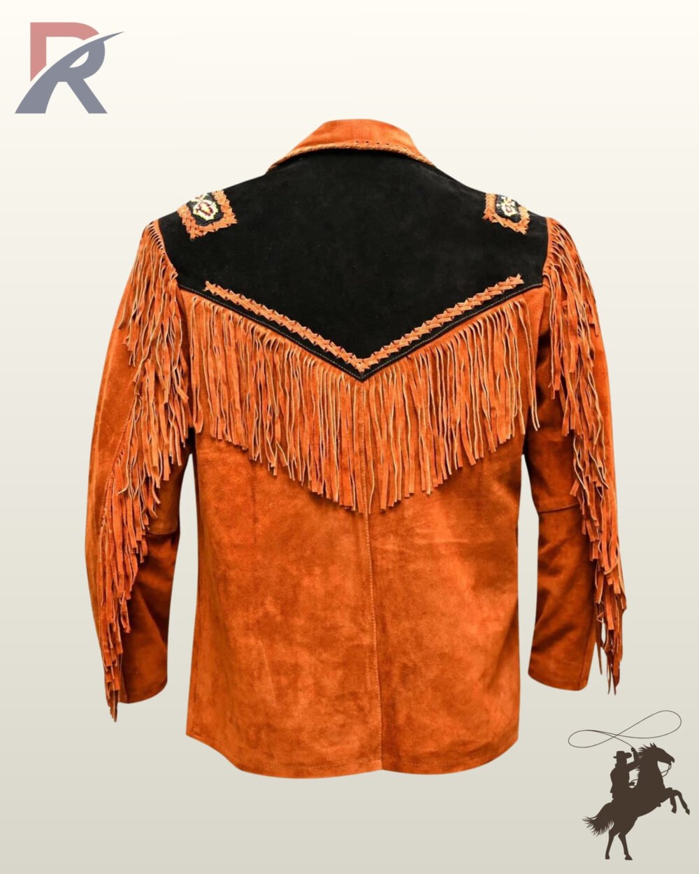 Back profile of a traditional Native American style rust orange suede jacket featuring long back fringe, black shoulder yokes, and beaded patches.