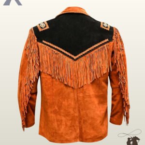 Back profile of a traditional Native American style rust orange suede jacket featuring long back fringe, black shoulder yokes, and beaded patches.