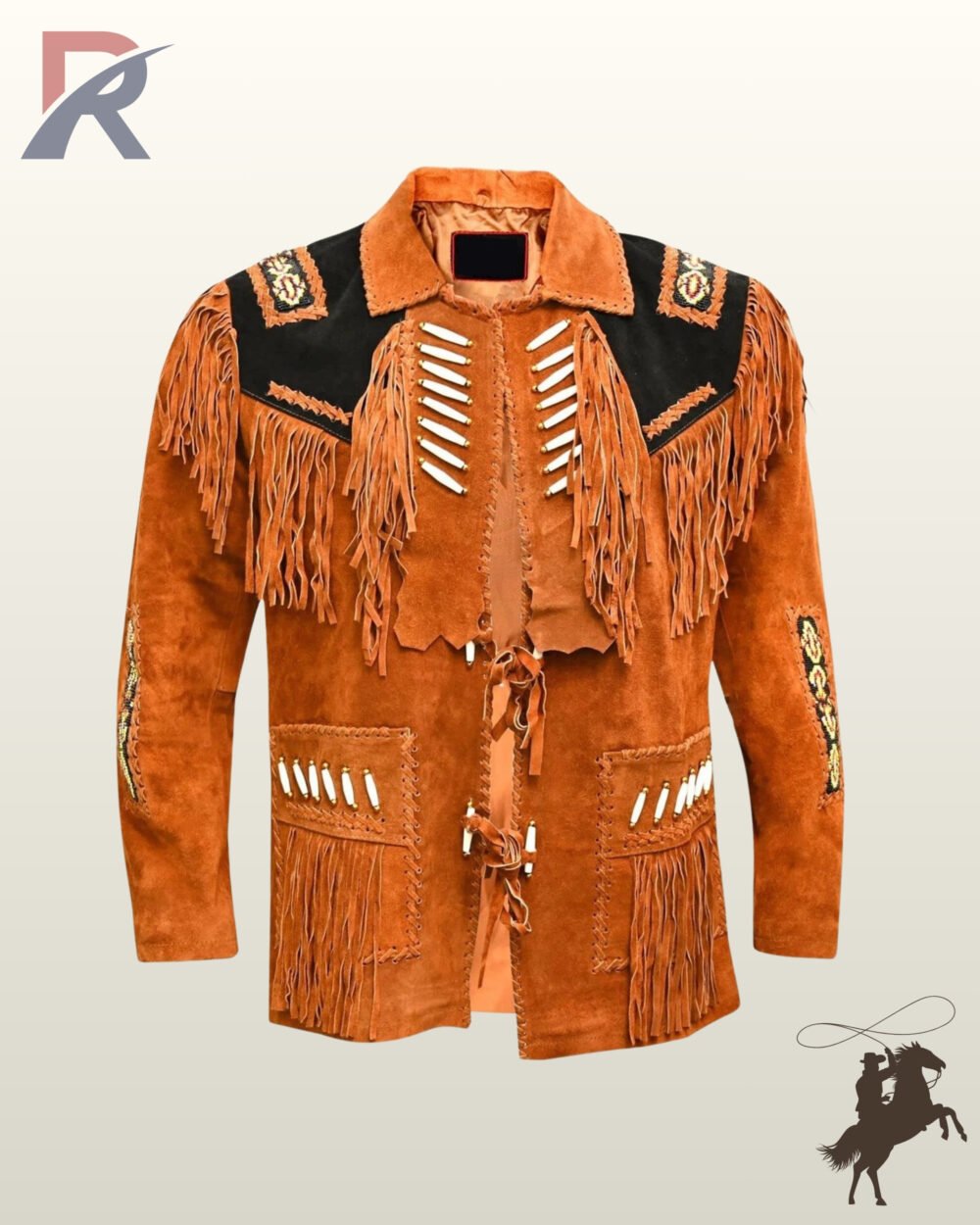 Traditional Native American style rust orange suede fringed coat with bone bead detailing, whipstitched pockets, and beaded sleeve strips.