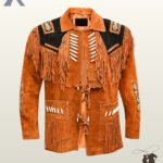 Traditional Native American style rust orange suede fringed coat with bone bead detailing, whipstitched pockets, and beaded sleeve strips.