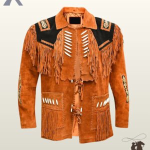 Traditional Native American style rust orange suede fringed coat with bone bead detailing, whipstitched pockets, and beaded sleeve strips.