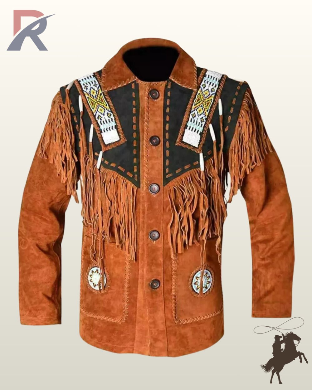 Front view of a men's terracato rust suede western jacket featuring black shoulder yokes, colorful native beadwork strips, bone pipe beads, and button closures.