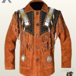 Front view of a men's terracato rust suede western jacket featuring black shoulder yokes, colorful native beadwork strips, bone pipe beads, and button closures.