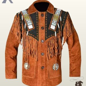 Front view of a men's terracato rust suede western jacket featuring black shoulder yokes, colorful native beadwork strips, bone pipe beads, and button closures.
