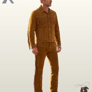 Three-quarter view of a male model in a tobacco brown suede western fringe jacket and matching suede trousers with side leg fringe.