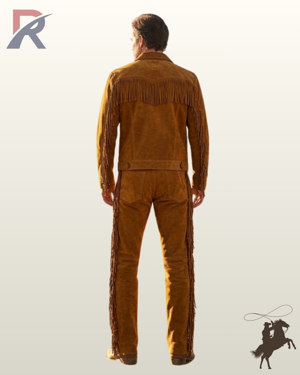 Rear view of a male model wearing a men's tobacco suede western fringe jacket featuring a V-shaped back yoke with fringe and matching fringed trousers.