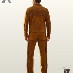 Rear view of a male model wearing a men's tobacco suede western fringe jacket featuring a V-shaped back yoke with fringe and matching fringed trousers.