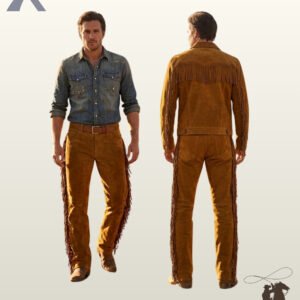 Dual view of a male model wearing a men's tobacco suede western fringe jacket and matching fringed suede trousers styled with a denim shirt and cowboy boots.