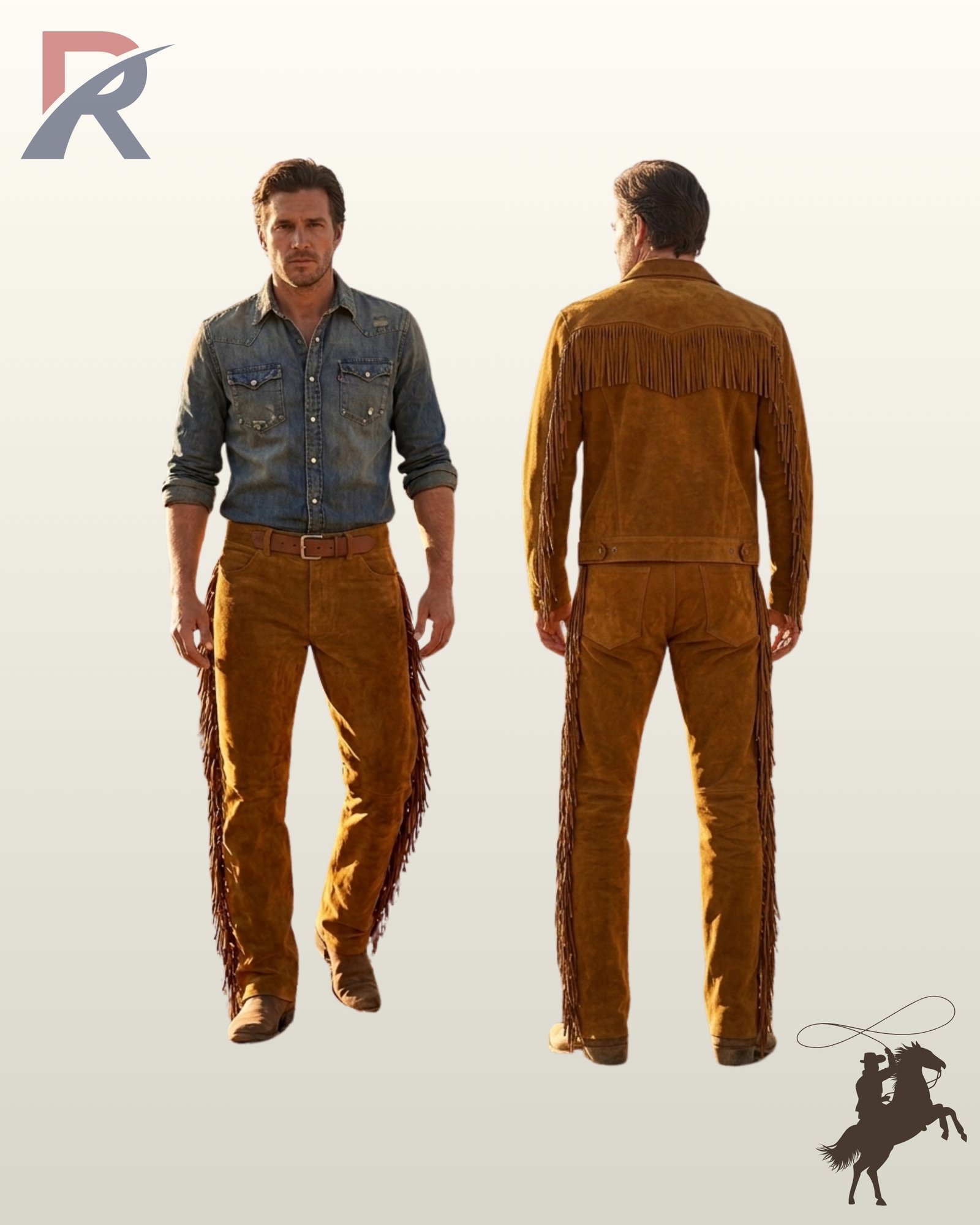 Dual view of a male model wearing a men's tobacco suede western fringe jacket and matching fringed suede trousers styled with a denim shirt and cowboy boots.