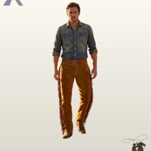 Front view of a male model wearing men's tobacco suede western pants with side outer seam fringe, styled with a denim shirt and leather belt.