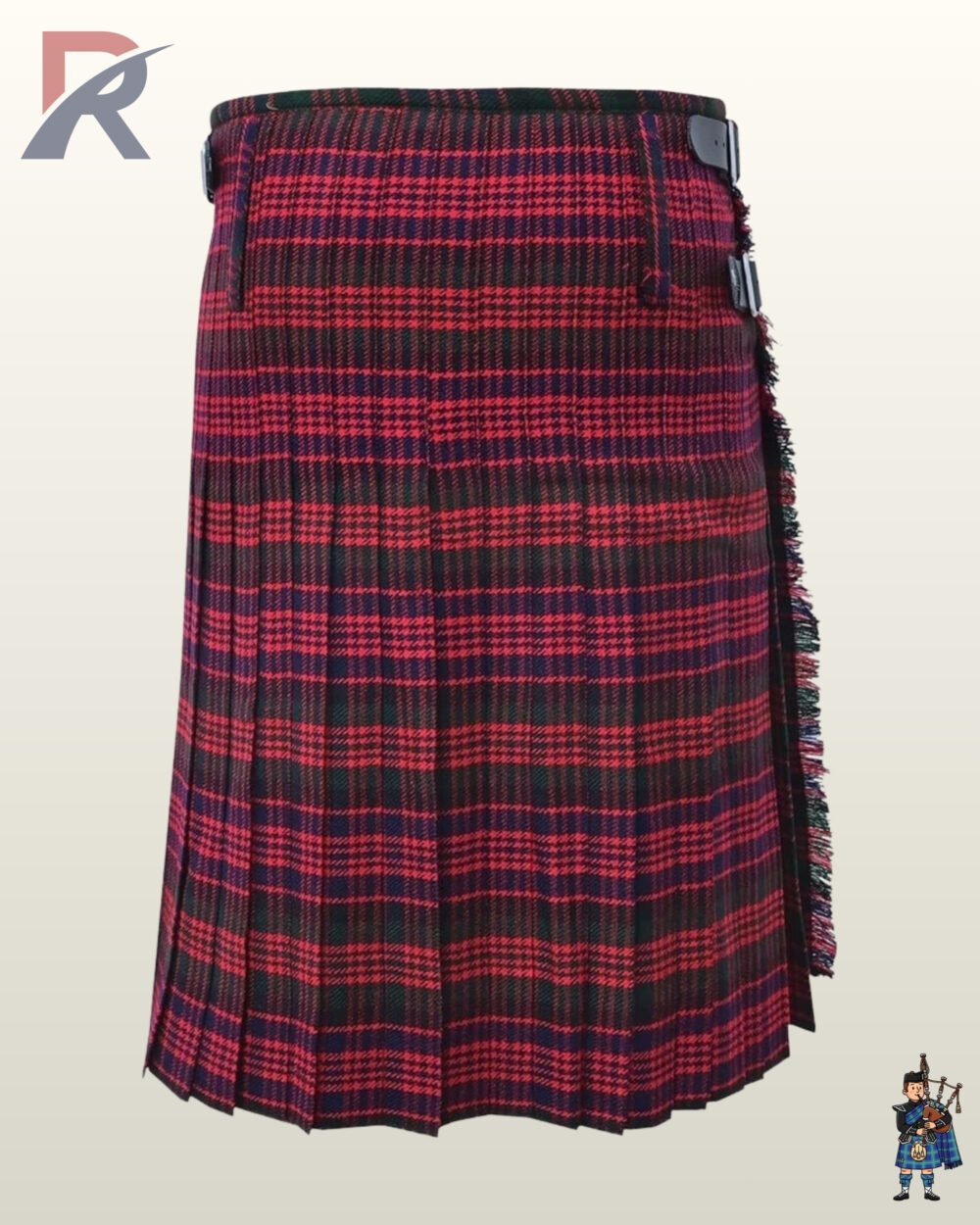 High-quality men's Wallace tartan kilt with adjustable leather side straps for formal traditional wear.