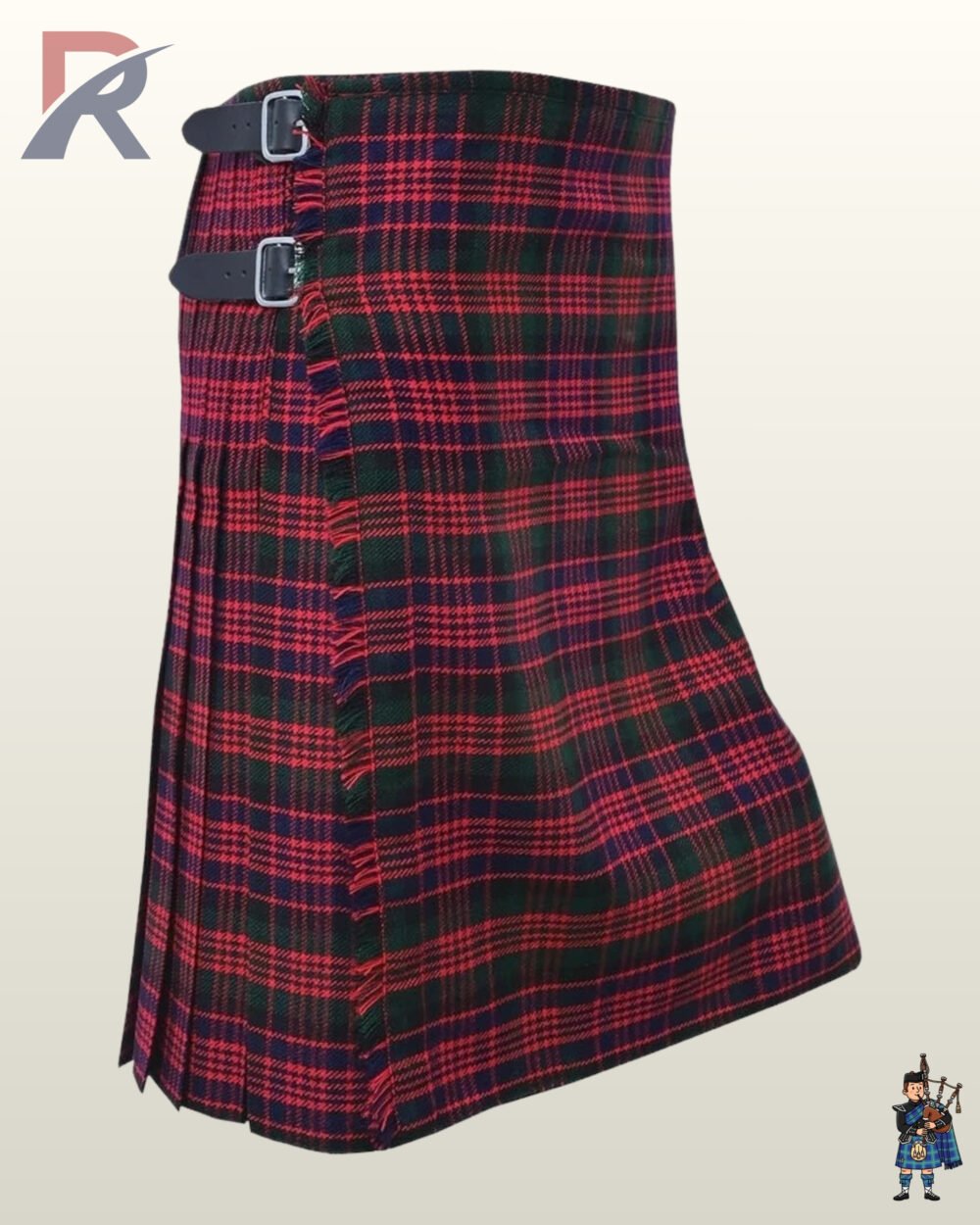 Traditional Scottish Wallace clan tartan kilt woven in red and green with a fringed front apron.