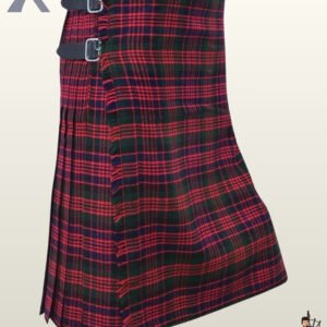 Traditional Scottish Wallace clan tartan kilt woven in red and green with a fringed front apron.