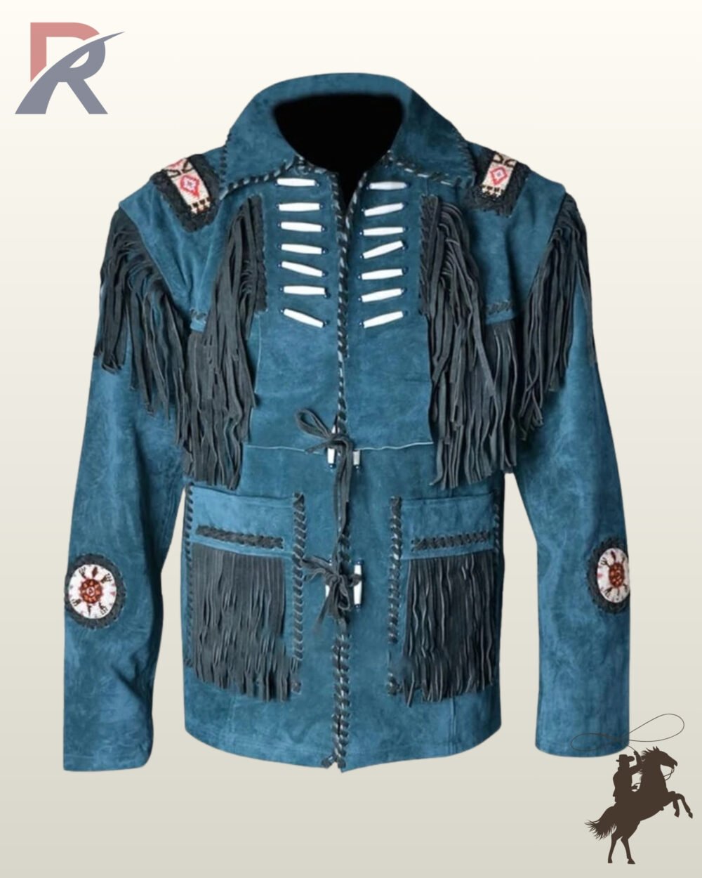 Front view of a men's western blue suede jacket featuring long fringe, bone pipe bead accents, front tie closures, and beaded arm patches.